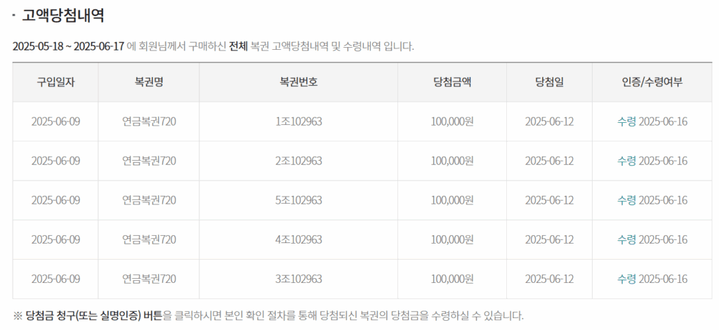 연금복권 당첨 내역