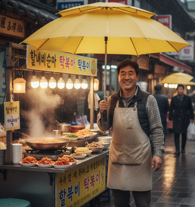 노란우산을 쓰고 있는 분식집 사장님