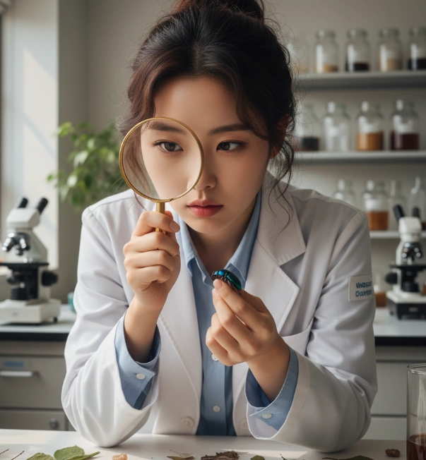 돋보기로 자세히 보고 있는 여자