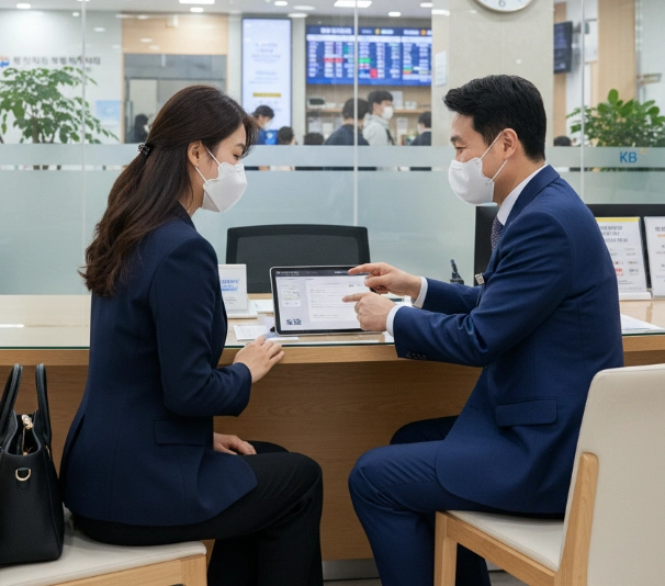 은행에서 상담받고 있는 고객과 직원
