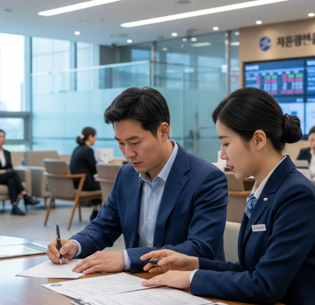은행에서 직원의 도움을 받아 서류를 작성중인 남자 고객